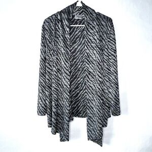 Chico’s Womens Cardigan Size XL Silver Black Zebra Stripe Open Drape Front
